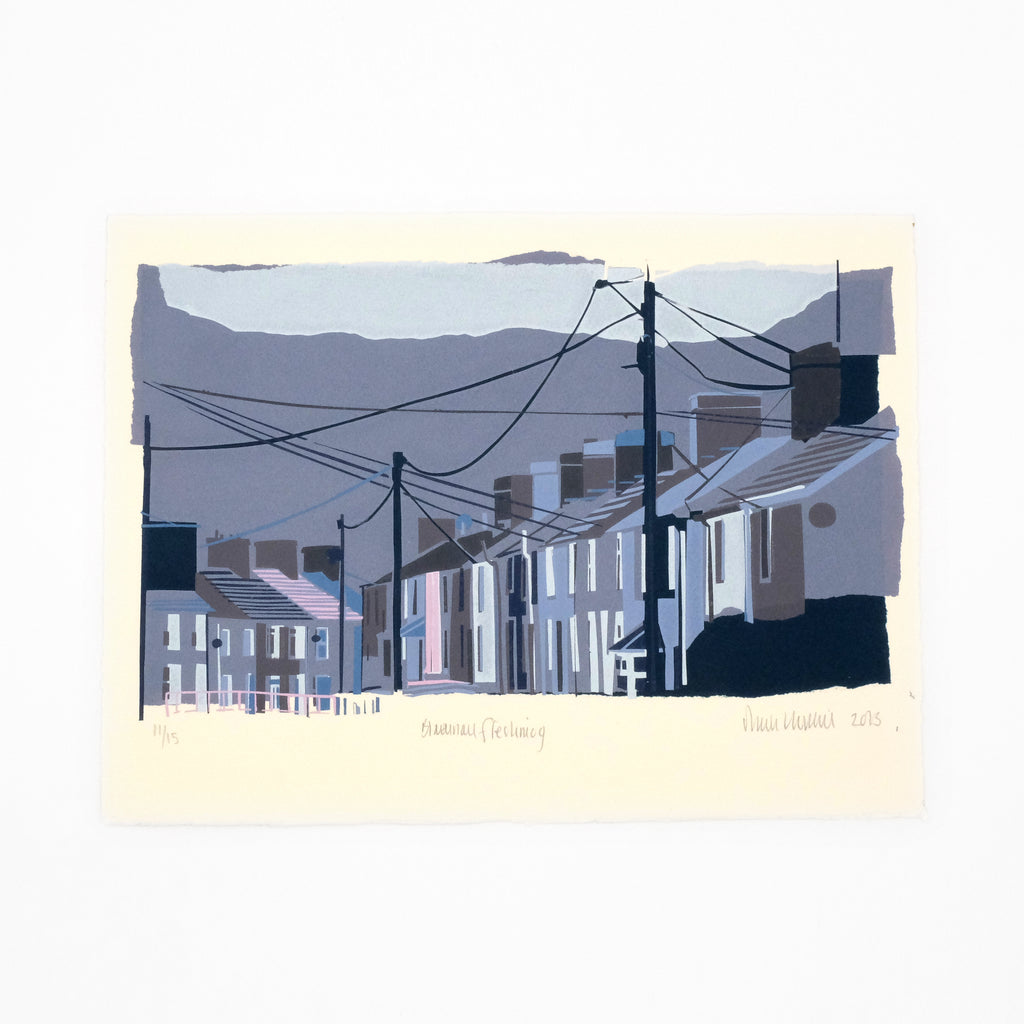 This is an image of a landscape oriented screenprint. It is printed on off-white paper. The artwork depicts a row of terraced houses in block colours of slate grey, blue and pale pink. The houses are shown from a side angle descending into the horizon. In the background is a silhouette of a mountain in slate grey. 