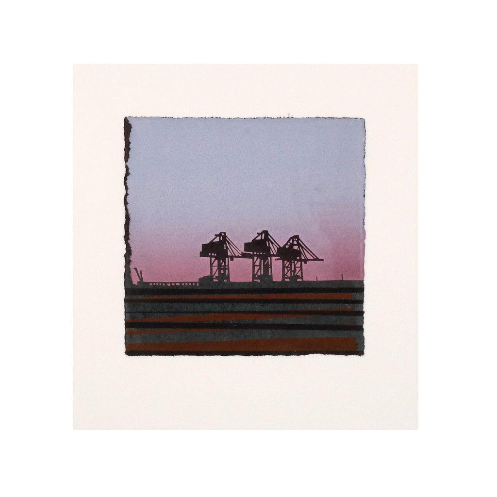 This is an image of a square format screenprint. The artwork depicts the silhouette of industrial machinery against the sky, shown at a distance. The colours in the artwork are black, slate blue, rust red and magenta. The artwork is signed and editioned. 