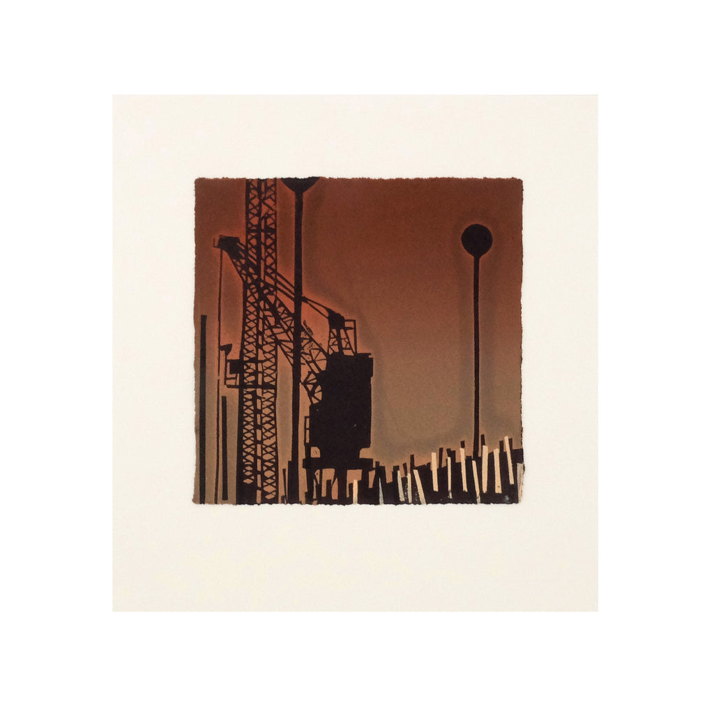 This is an image of a square format screenprint. The artwork depicts the silhouette of a industrial machinery against docks. The colours in the artwork are black, rust red and brown. The artwork is signed and editioned. 