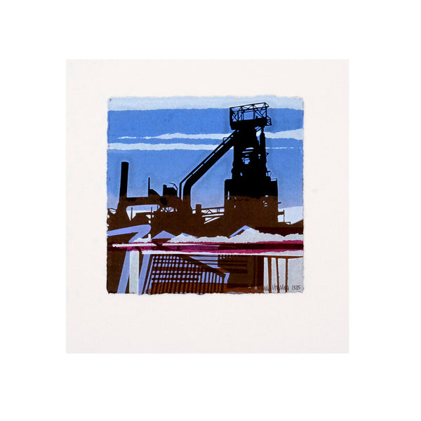 This is an image of a square format screenprint. The artwork depicts the silhouette of a blast furnace and other industrial machinery. The colours in the artwork are black, sky blue, white and magenta. The artwork is signed and editioned. 