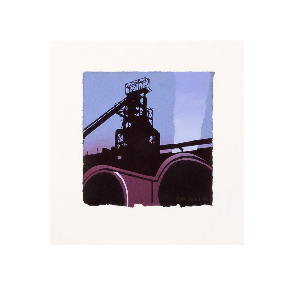This is an image of a square format screenprint. The artwork depicts the silhouette of industrial machinery. The colours in the artwork are black, stone blue and dusty purple. The artwork is signed and editioned. 