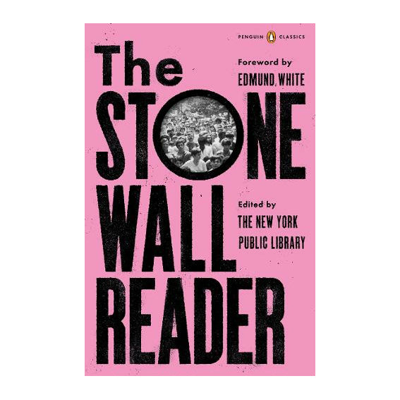 Cover for "The Stone Wall Reader". Bright pink background with the title across the book in bold black text. Inside the letter 'O' there is a black and white photograph of protesters