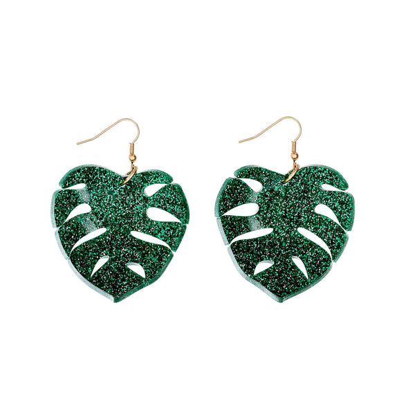 Earrings. Large dark green glittery tropical leaf shapes laser-cut from acrylic with anitque gold hooks - Made by Tatty Devine