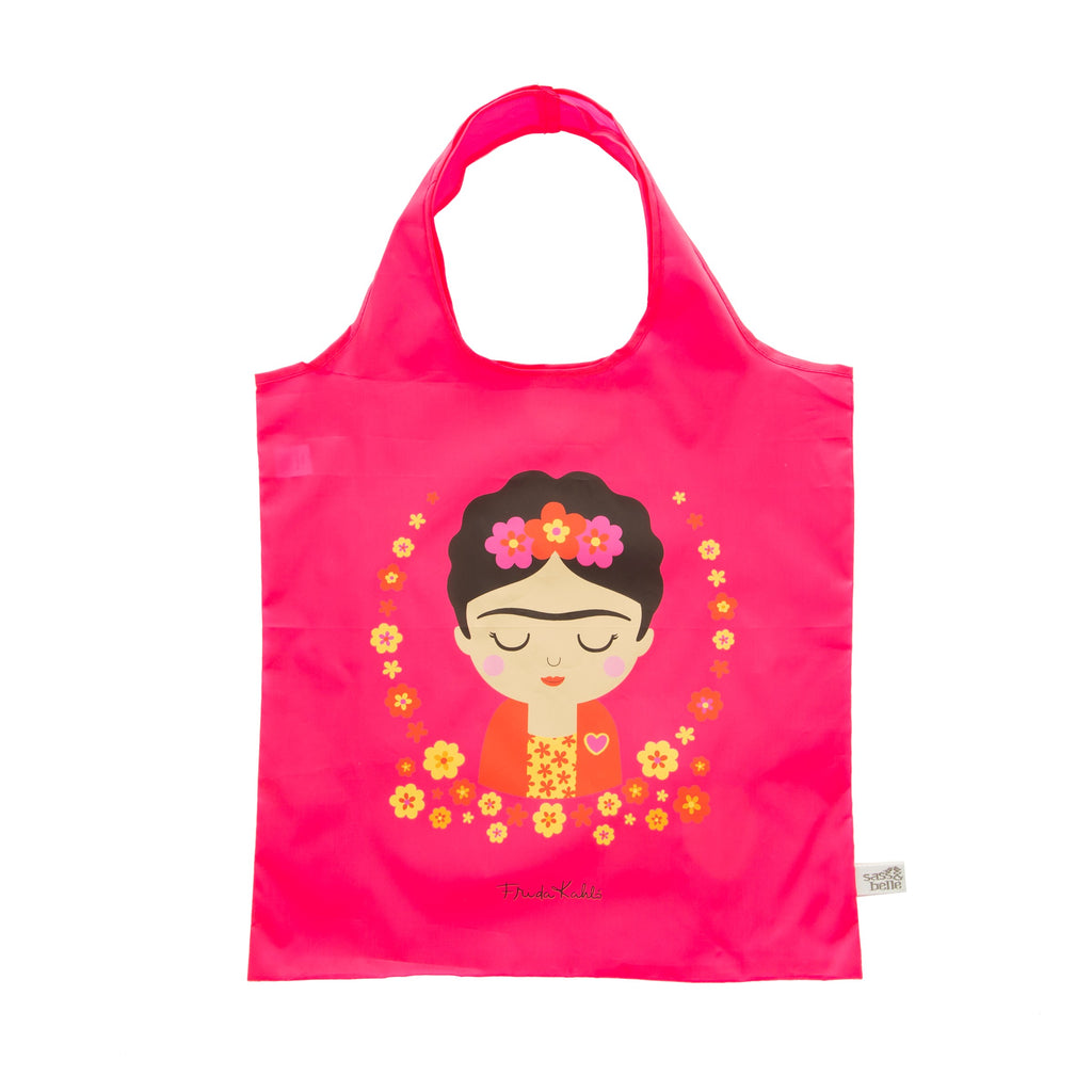 Reusable folding shopping bag Frida Kahlo pink flowers - Sass and Belle