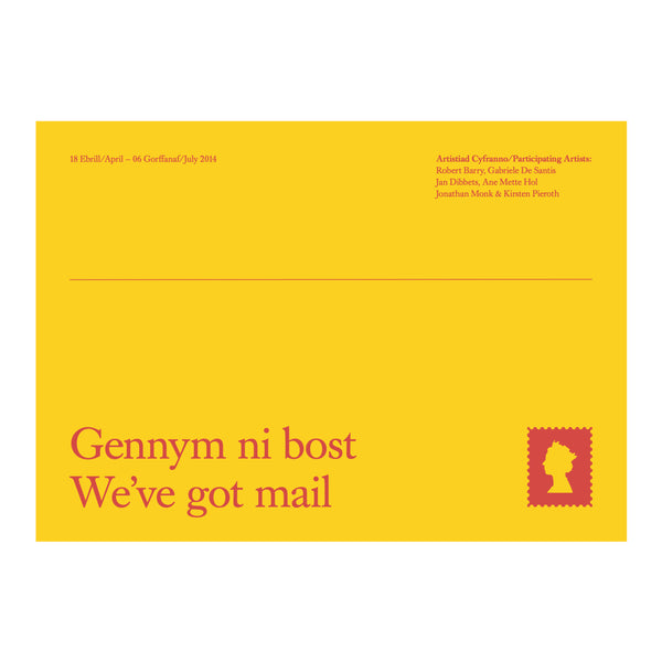 Cover for We've Got Mail. Yellow cover with the  text in red. Small image of the stamp in the bottom right corner.