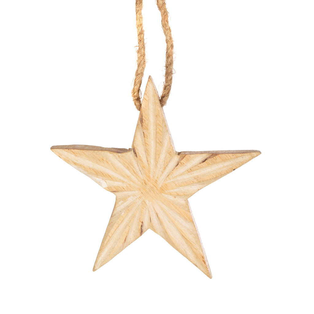 Crafted from mango wood this star decoration features carved textures and hangs from yarn string.