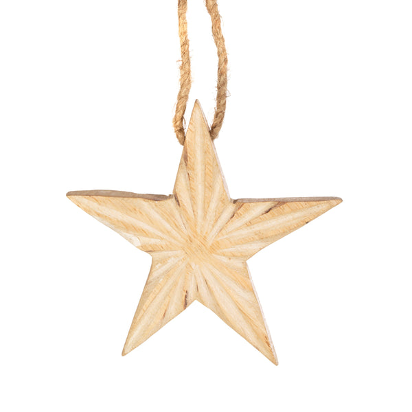 Crafted from mango wood this star decoration features carved textures and hangs from yarn string.
