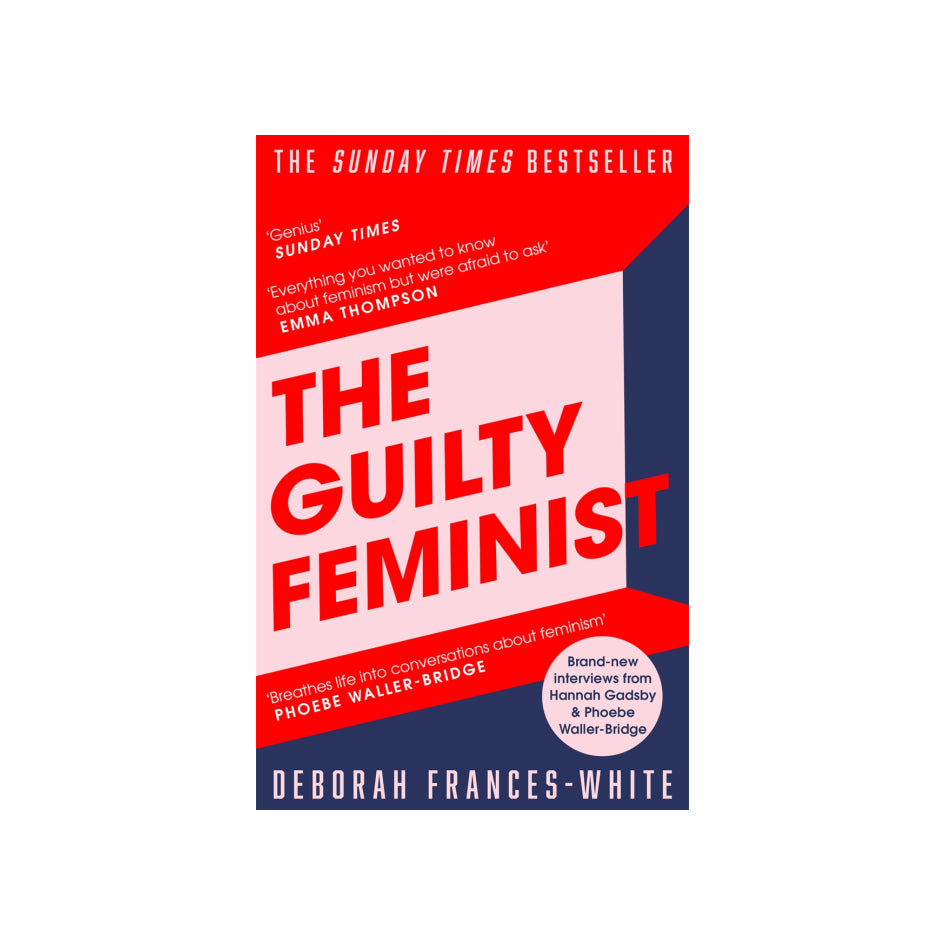 Cover for the 'Guilty Feminist'. Colour blocking in red, pink and navy, with the title and author name across. 