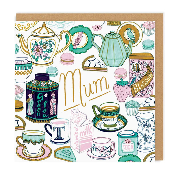 Mum greeting card - tea cups, teapots and cakes - tea time