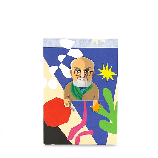 Fauvist Pocket Sketchbook - colourful abstract shape background with leaf shapes. Older artist figure with glasses, white beard, holding scissors. Made by Noodoll